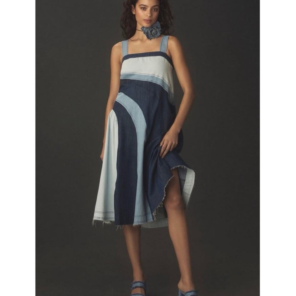 Anthropologie Pilcro Patchwork Denim Midi Dress Blue Raw Hem Medium